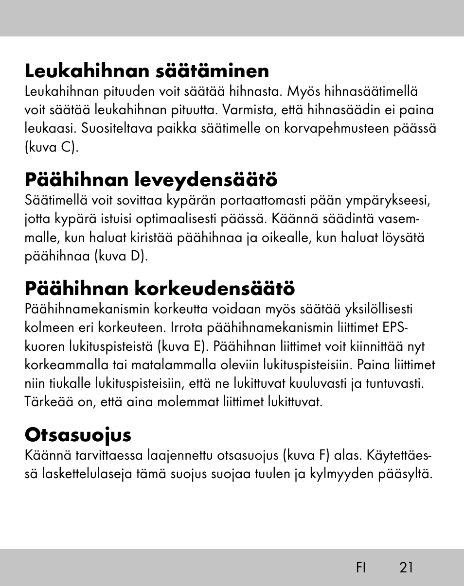 Leukahihnan säätäminen, Päähihnan leveydensäätö, Päähihnan korkeudensäätö | Otsasuojus | Crivit ES-1656 User Manual | Page 19 / 74