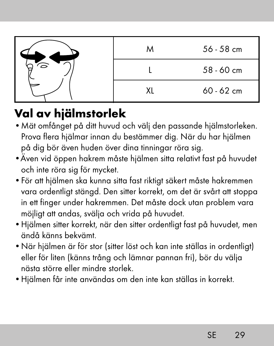 Val av hjälmstorlek | Crivit ES-1656 User Manual | Page 27 / 74