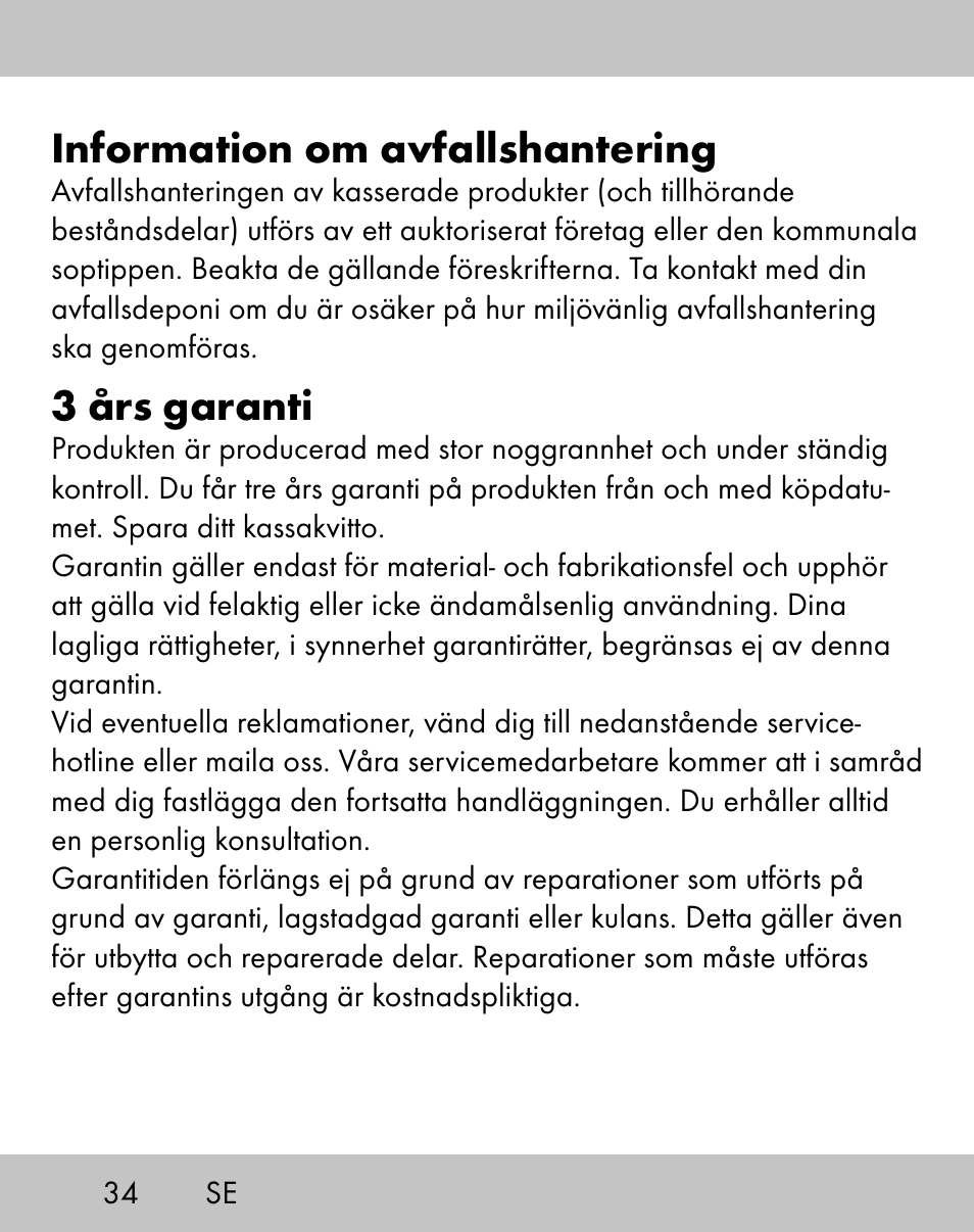 Information om avfallshantering, 3 års garanti | Crivit ES-1656 User Manual | Page 32 / 74