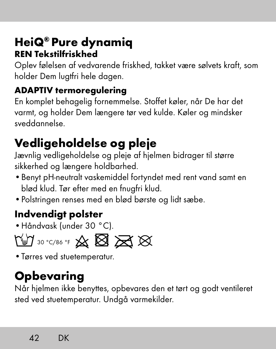 Heiq, Pure dynamiq, Vedligeholdelse og pleje | Opbevaring | Crivit ES-1656 User Manual | Page 40 / 74