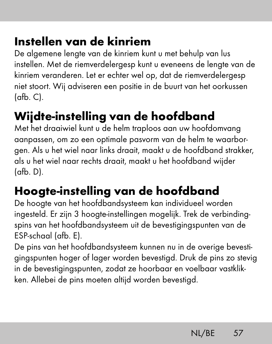 Instellen van de kinriem, Wijdte-instelling van de hoofdband, Hoogte-instelling van de hoofdband | Crivit ES-1656 User Manual | Page 55 / 74