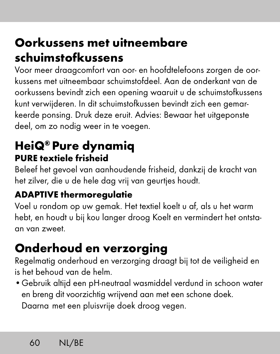 Oorkussens met uitneembare schuimstofkussens, Heiq, Pure dynamiq | Onderhoud en verzorging | Crivit ES-1656 User Manual | Page 58 / 74