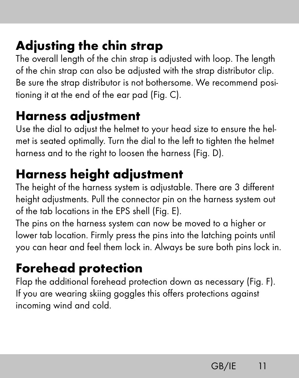 Adjusting the chin strap, Harness adjustment, Harness height adjustment | Forehead protection | Crivit ES-1656 User Manual | Page 9 / 74