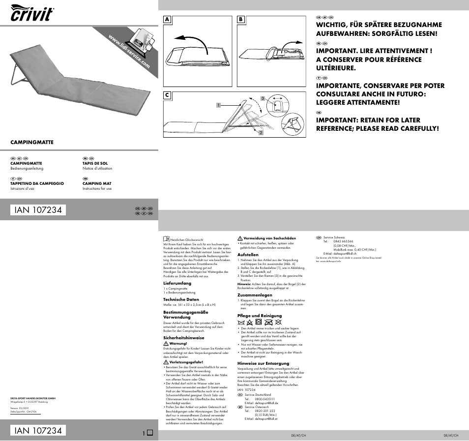 Crivit Camping Mat User Manual | 2 pages