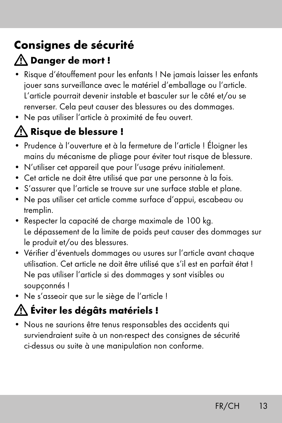 Consignes de sécurité | Crivit Camping Chair User Manual | Page 11 / 24