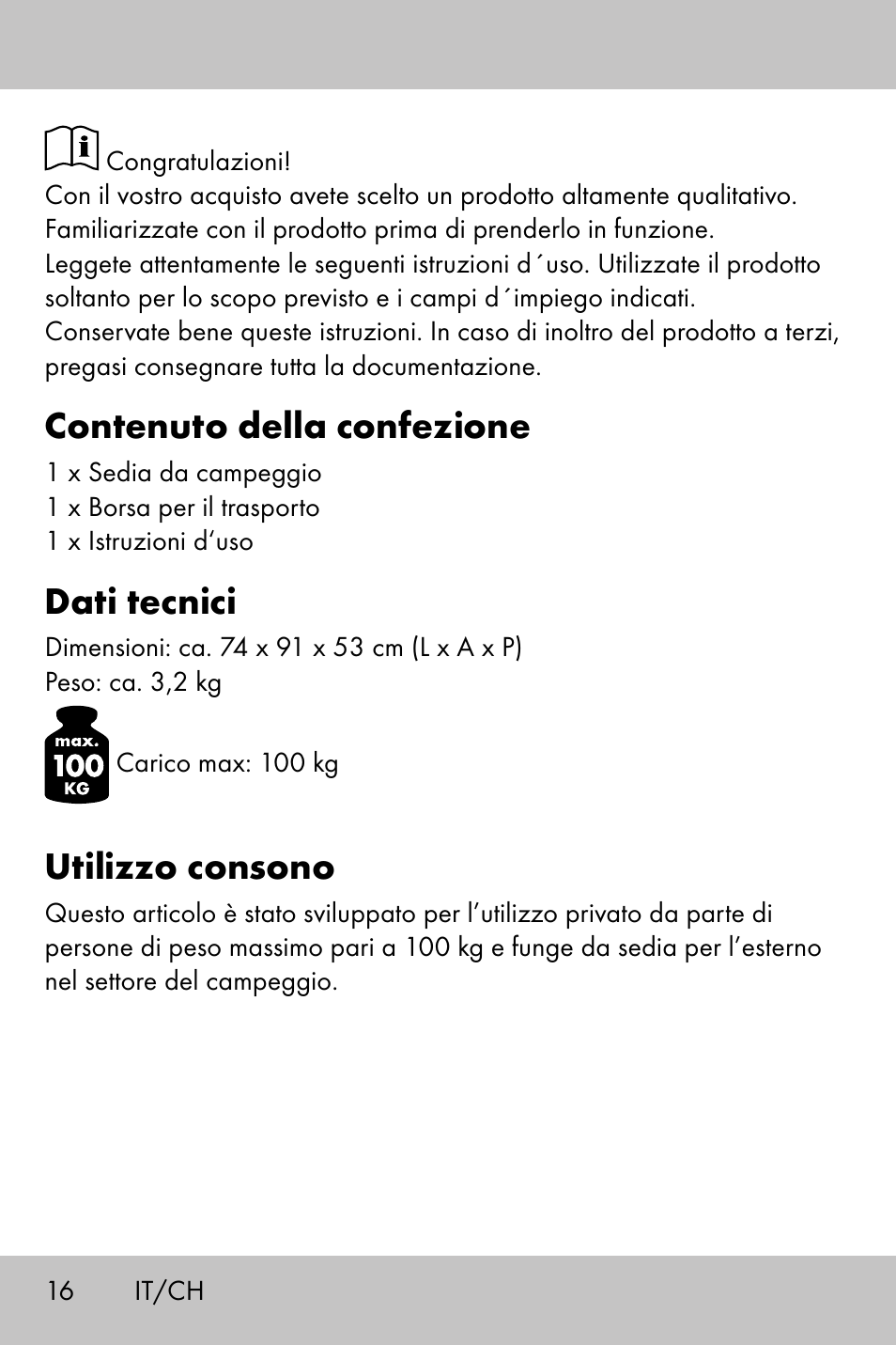 Contenuto della confezione, Dati tecnici, Utilizzo consono | Crivit Camping Chair User Manual | Page 14 / 24