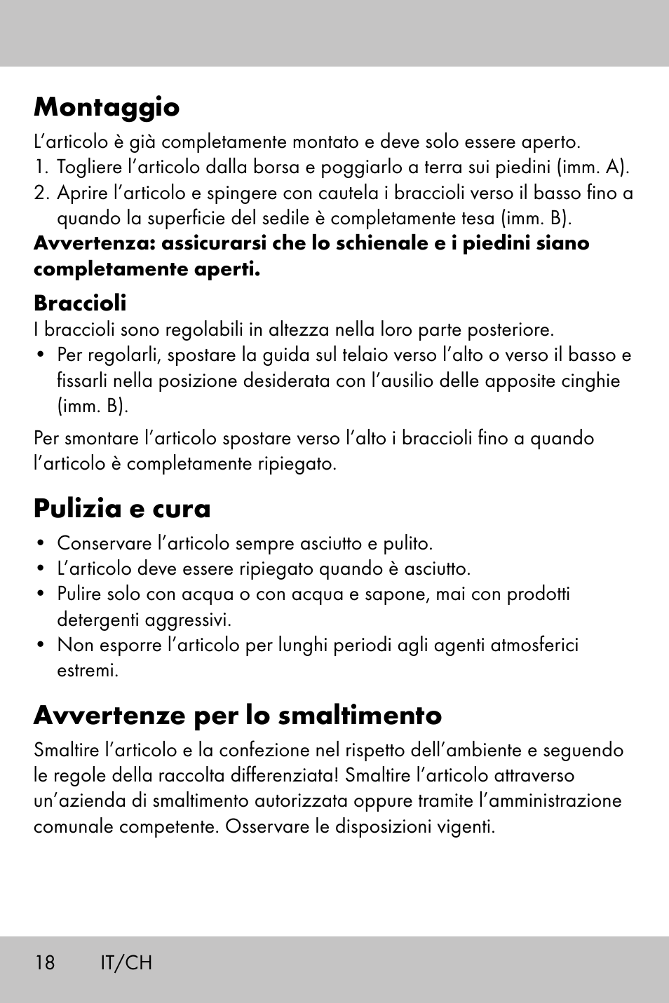 Montaggio, Pulizia e cura, Avvertenze per lo smaltimento | Crivit Camping Chair User Manual | Page 16 / 24