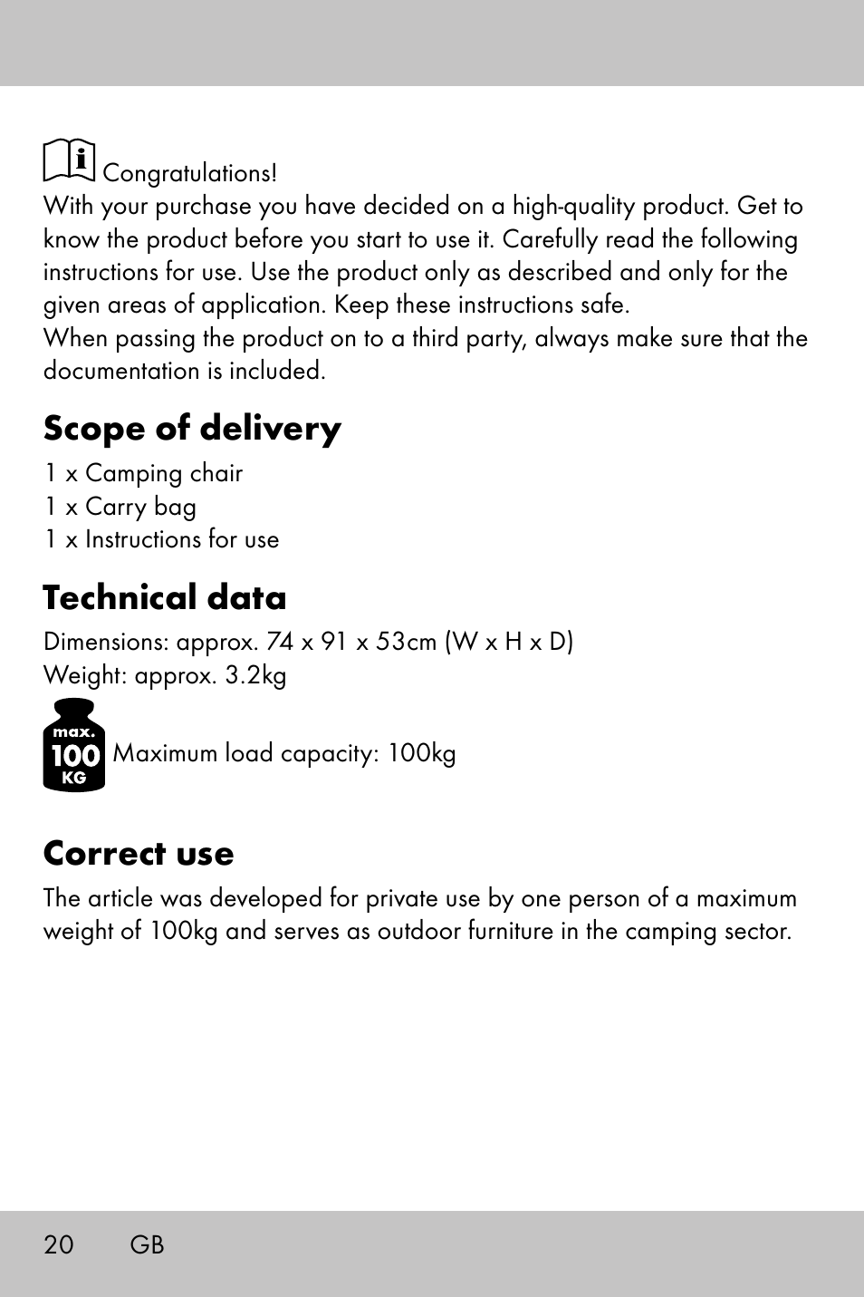 Scope of delivery, Technical data, Correct use | Crivit Camping Chair User Manual | Page 18 / 24