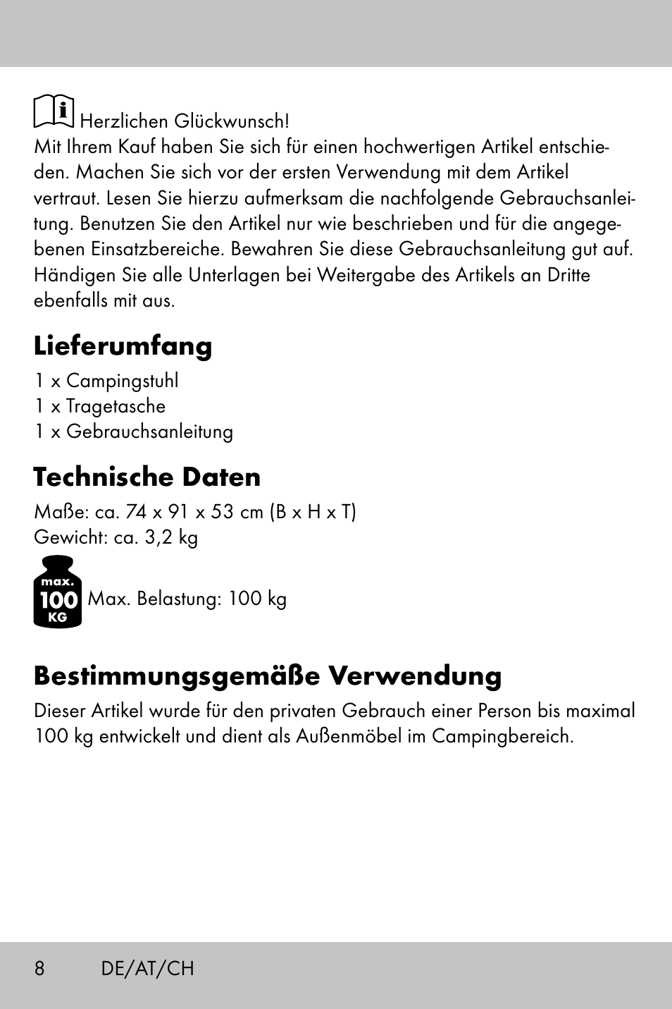 Lieferumfang, Technische daten, Bestimmungsgemäße verwendung | Crivit Camping Chair User Manual | Page 6 / 24