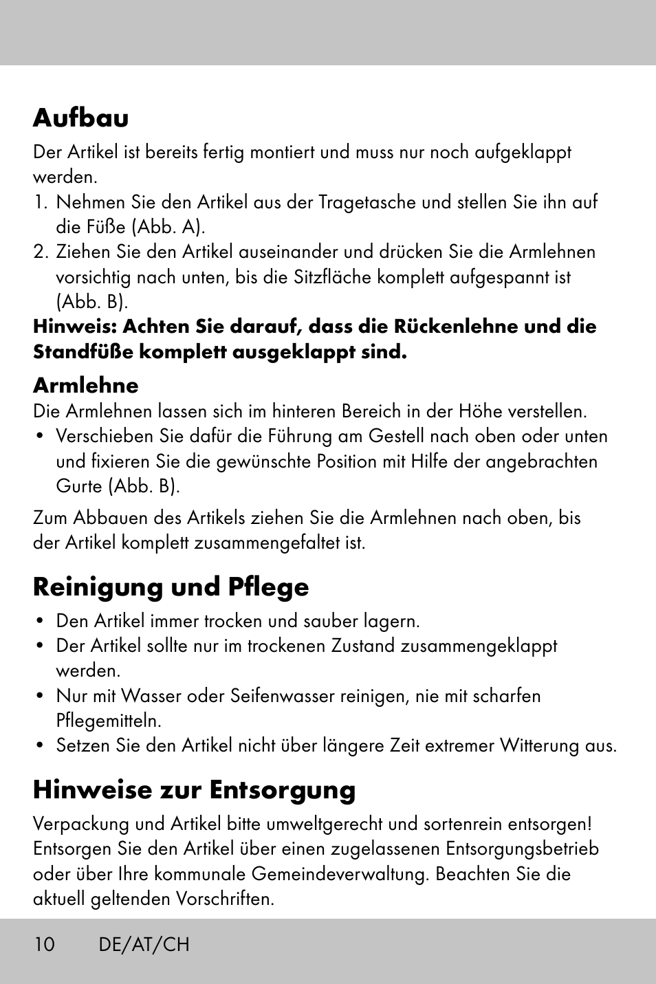 Aufbau, Reinigung und pflege, Hinweise zur entsorgung | Crivit Camping Chair User Manual | Page 8 / 24