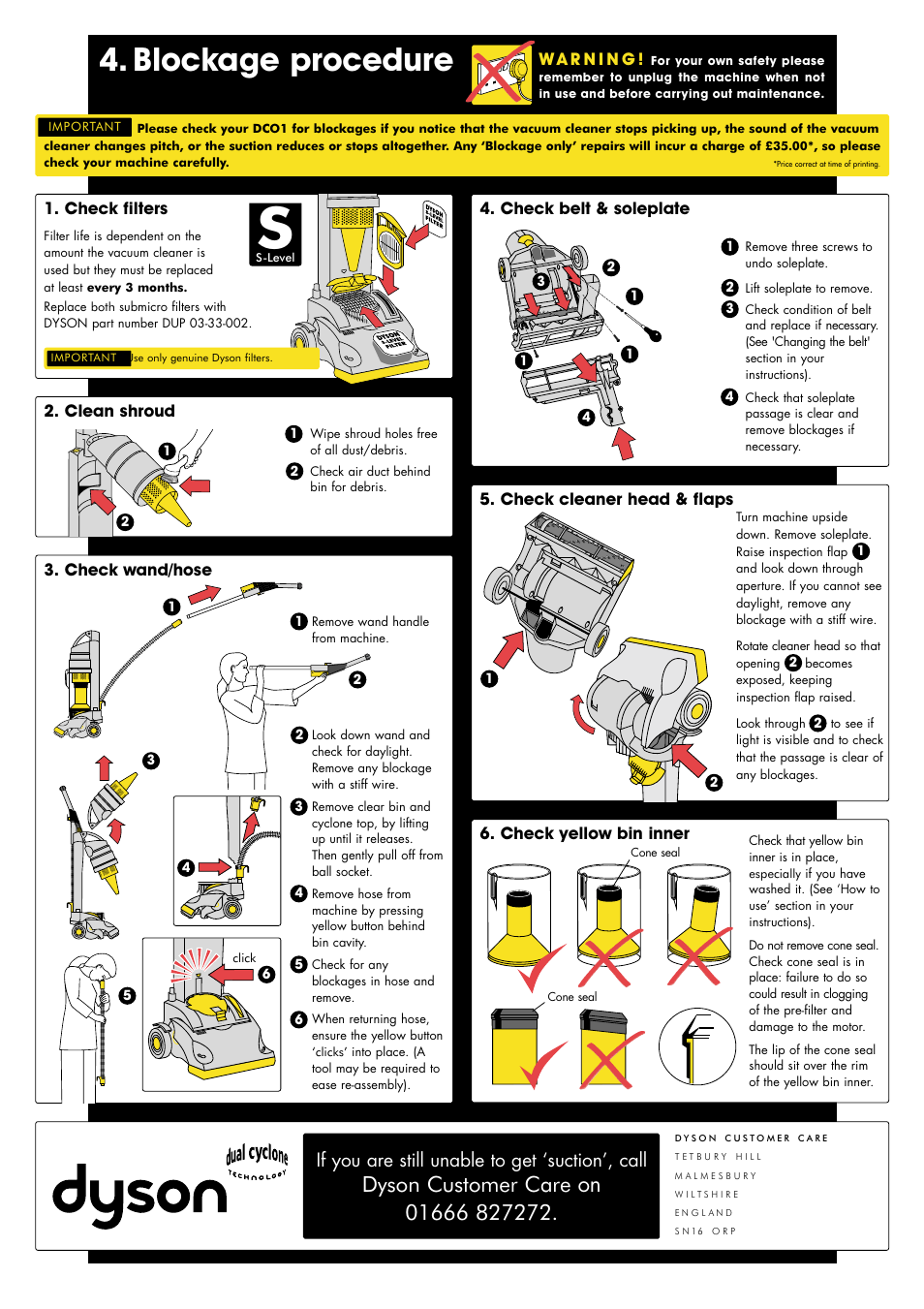 Blockage procedure, If you are still unable to get ‘suction’, call | DYSON DC 01 User Manual | Page 5 / 6