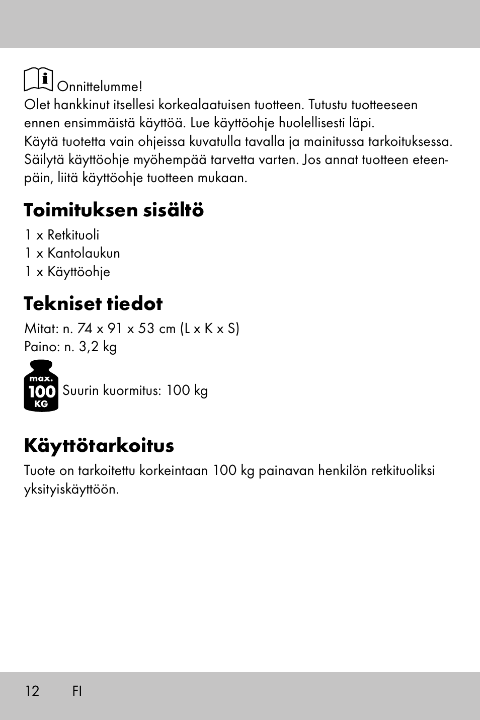 Toimituksen sisältö, Tekniset tiedot, Käyttötarkoitus | Crivit Camping Chair User Manual | Page 10 / 36