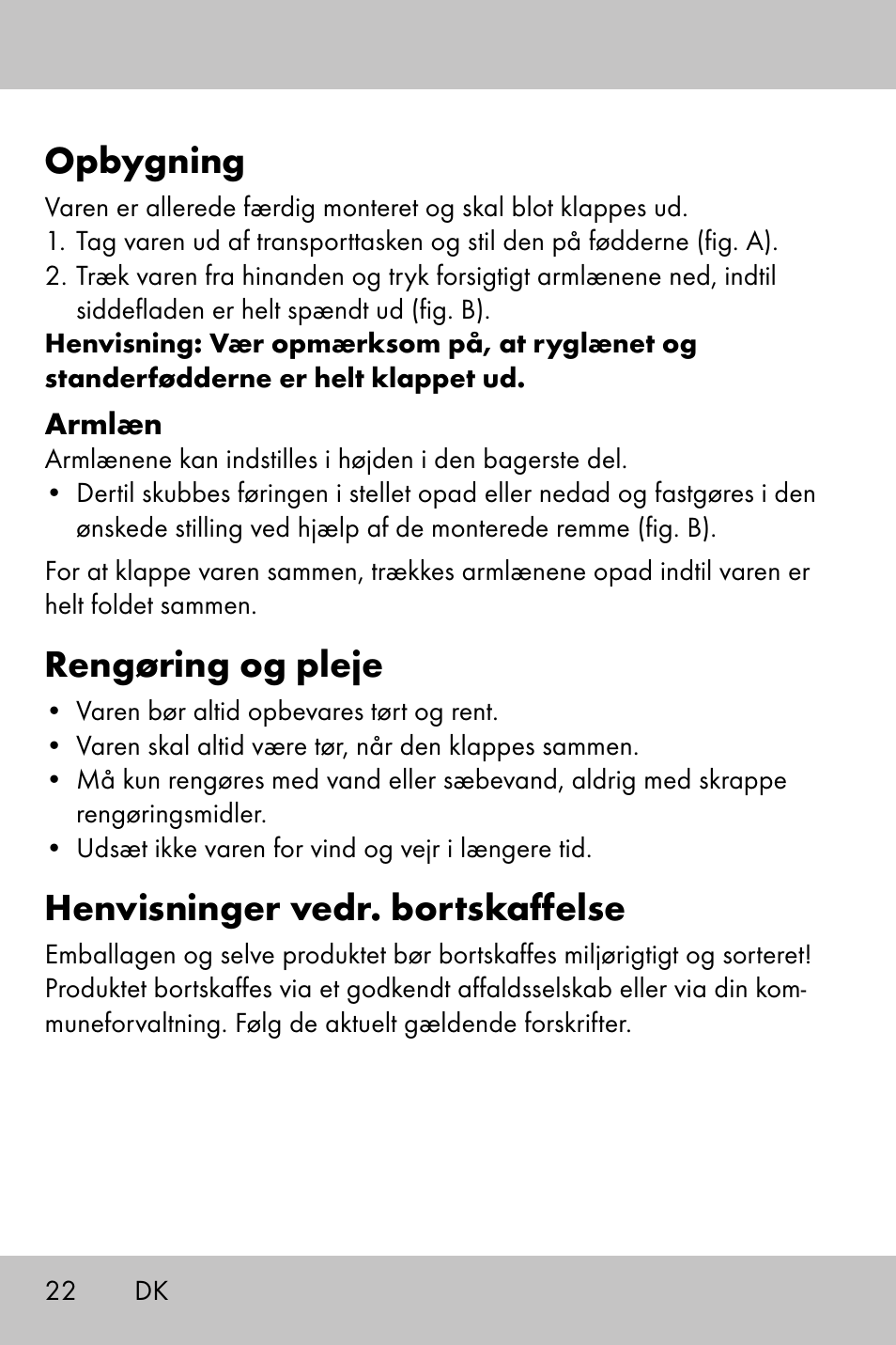 Opbygning, Rengøring og pleje, Henvisninger vedr. bortskaffelse | Crivit Camping Chair User Manual | Page 20 / 36