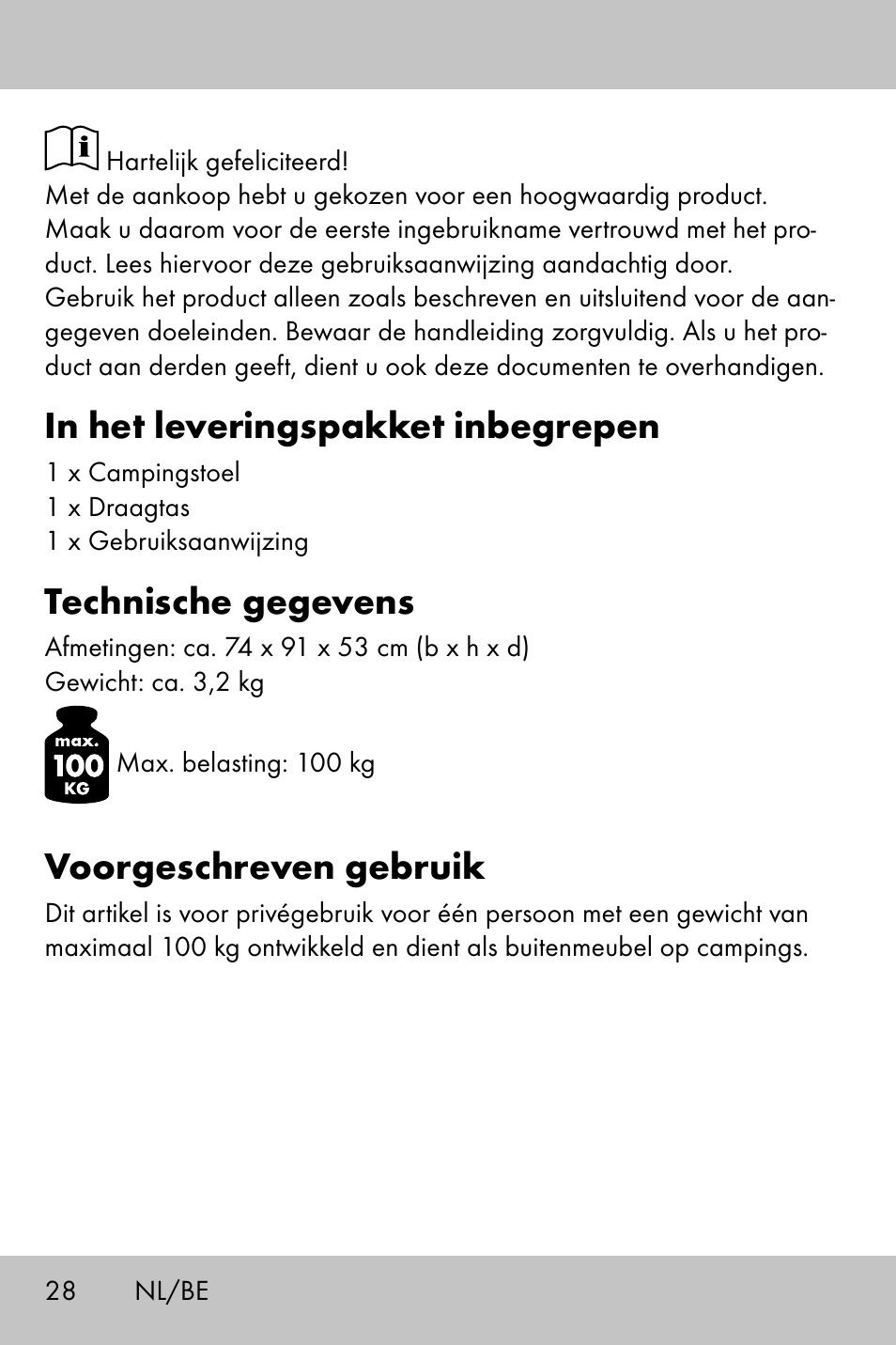 Technische gegevens, Voorgeschreven gebruik | Crivit Camping Chair User Manual | Page 26 / 36