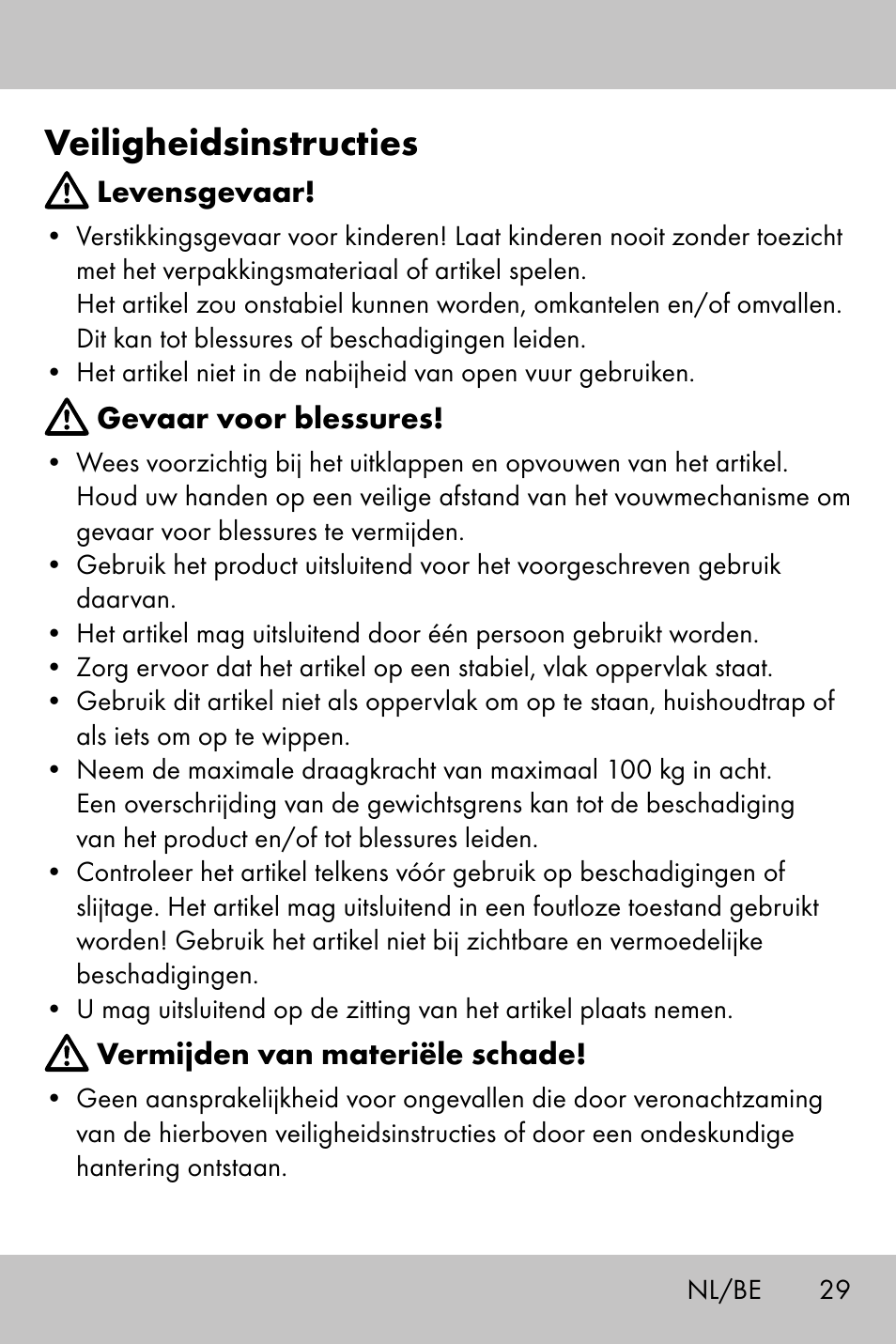 Veiligheidsinstructies | Crivit Camping Chair User Manual | Page 27 / 36