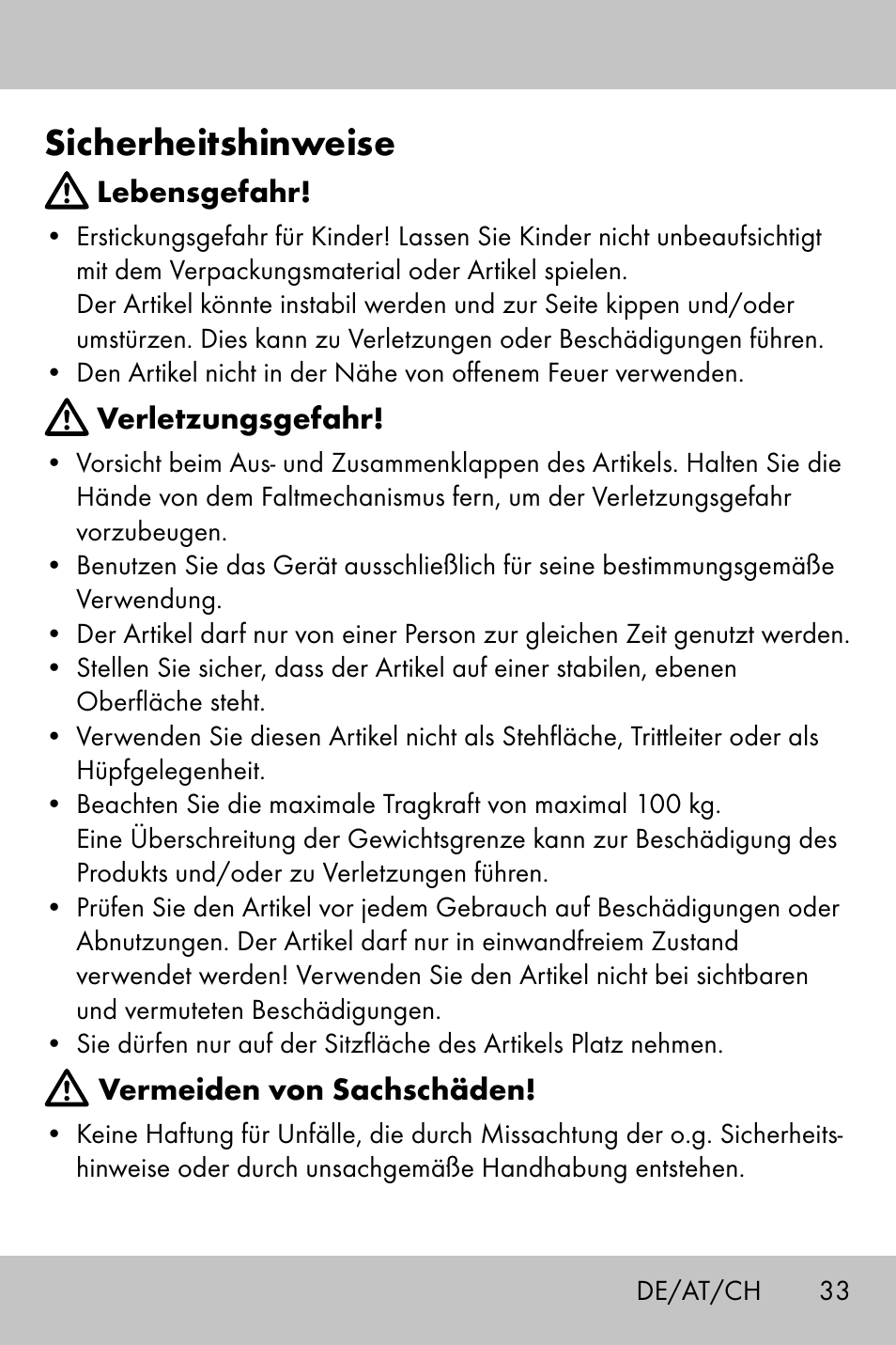 Sicherheitshinweise | Crivit Camping Chair User Manual | Page 31 / 36