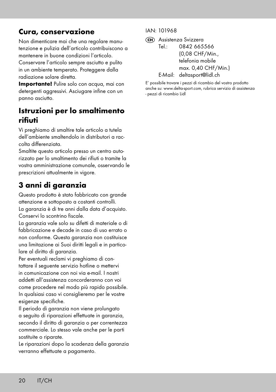 Cura, conservazione, Istruzioni per lo smaltimento rifiuti, 3 anni di garanzia | Crivit FE-1958 User Manual | Page 18 / 26