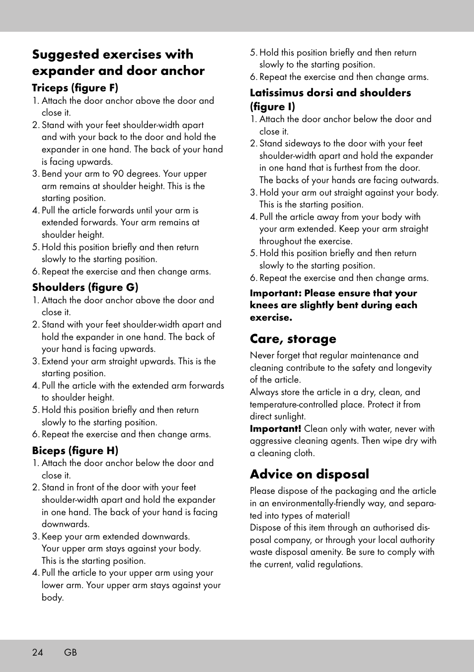 Suggested exercises with expander and door anchor, Care, storage, Advice on disposal | Crivit FE-1958 User Manual | Page 22 / 26