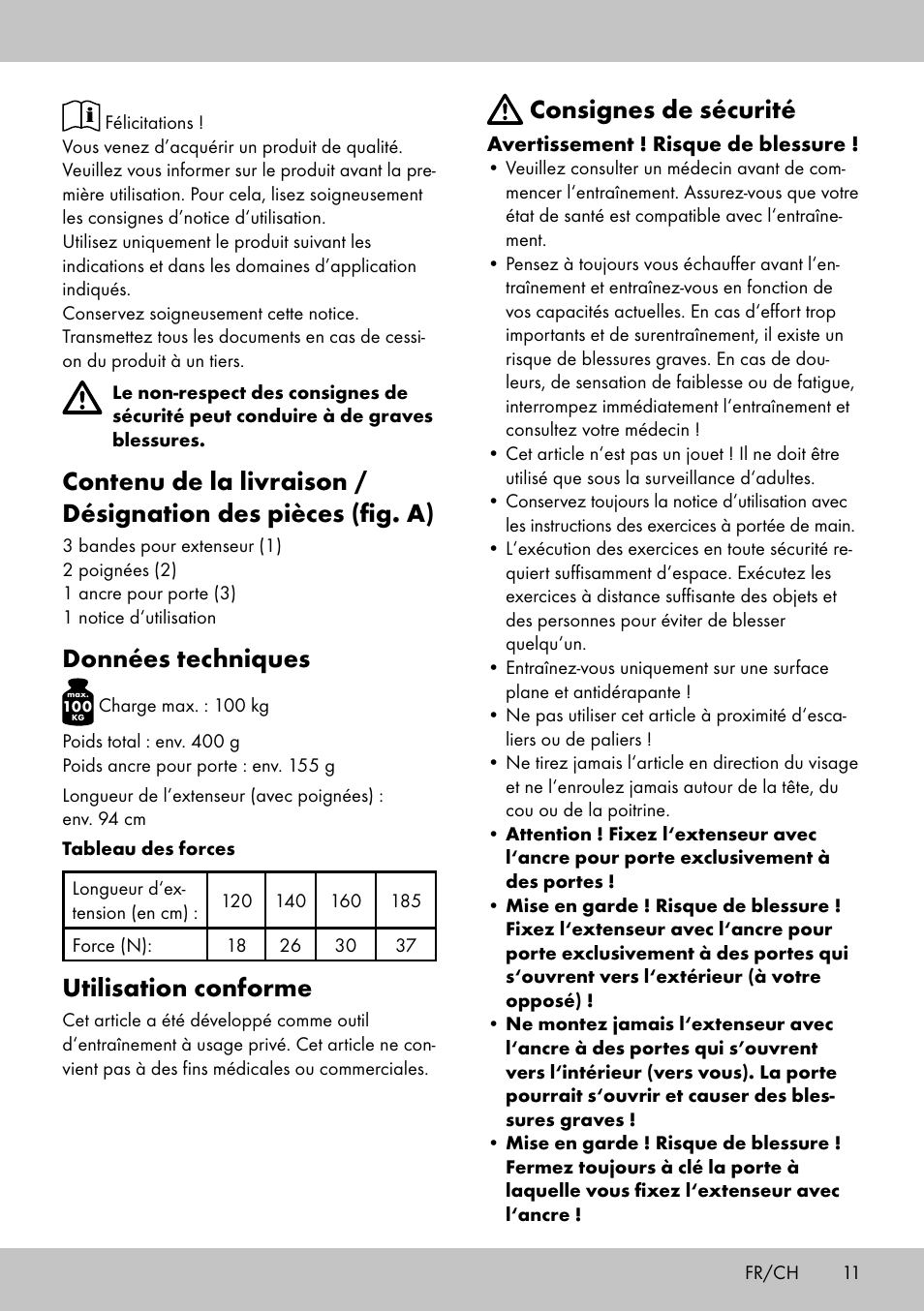 Données techniques, Utilisation conforme, Consignes de sécurité | Crivit FE-1958 User Manual | Page 9 / 26