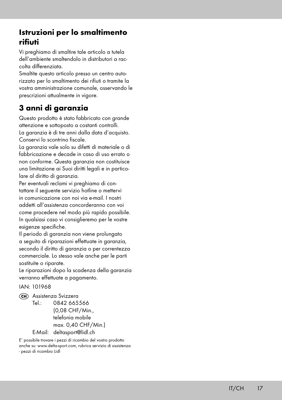 Istruzioni per lo smaltimento rifiuti, 3 anni di garanzia | Crivit PT-1959 User Manual | Page 15 / 18