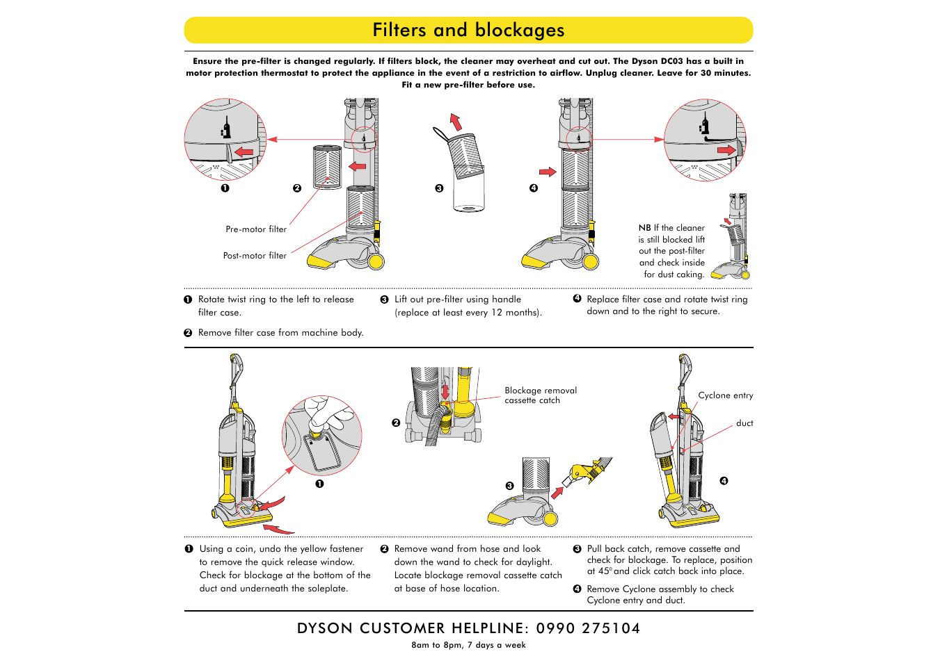 Filters and blockages | DYSON DC03 User Manual | Page 3 / 6