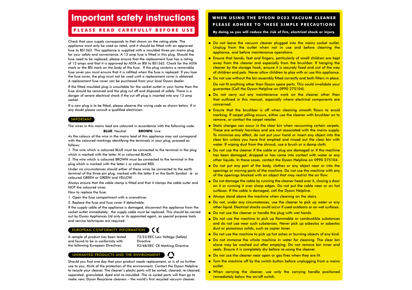 Important safety instructions | DYSON DC03 User Manual | Page 6 / 6