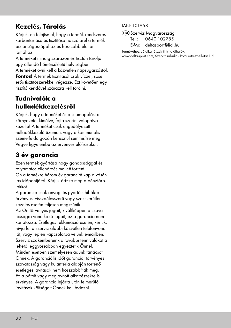 Kezelés, tárolás, Tudnivalók a hulladékkezelésről, 3 év garancia | Crivit FE-1958 User Manual | Page 20 / 38