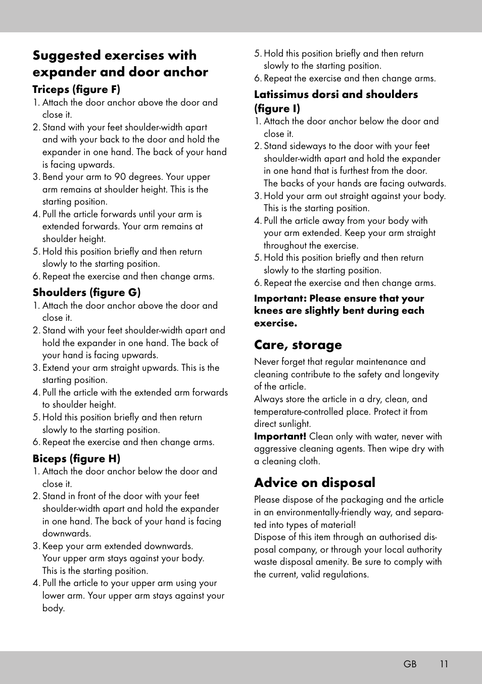 Suggested exercises with expander and door anchor, Care, storage, Advice on disposal | Crivit FE-1958 User Manual | Page 9 / 38