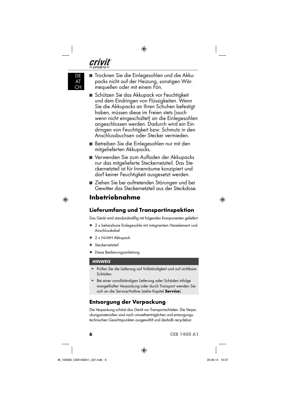 Inbetriebnahme, Lieferumfang und transportinspektion, Entsorgung der verpackung | De at ch | Crivit CEB 1400 A1 User Manual | Page 10 / 54