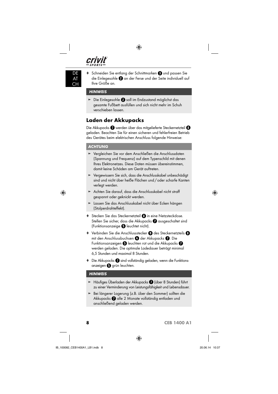Laden der akkupacks, De at ch | Crivit CEB 1400 A1 User Manual | Page 12 / 54