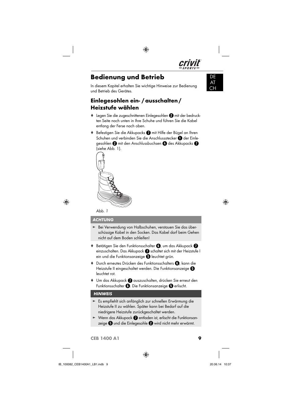 Bedienung und betrieb, De at ch | Crivit CEB 1400 A1 User Manual | Page 13 / 54