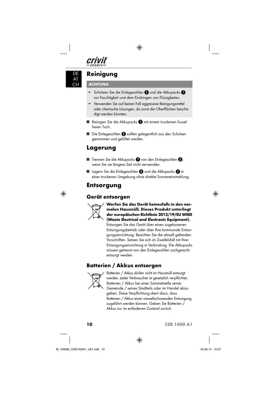 Reinigung, Lagerung, Entsorgung | Gerät entsorgen, Batterien / akkus entsorgen, De at ch | Crivit CEB 1400 A1 User Manual | Page 14 / 54