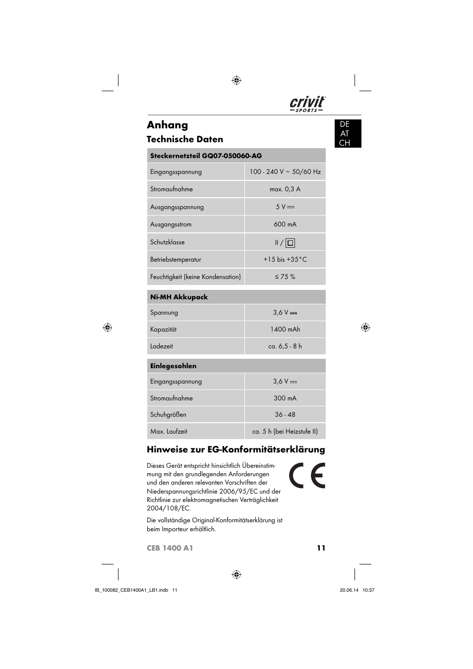 Anhang, Technische daten, Hinweise zur eg-konformitätserklärung | De at ch | Crivit CEB 1400 A1 User Manual | Page 15 / 54
