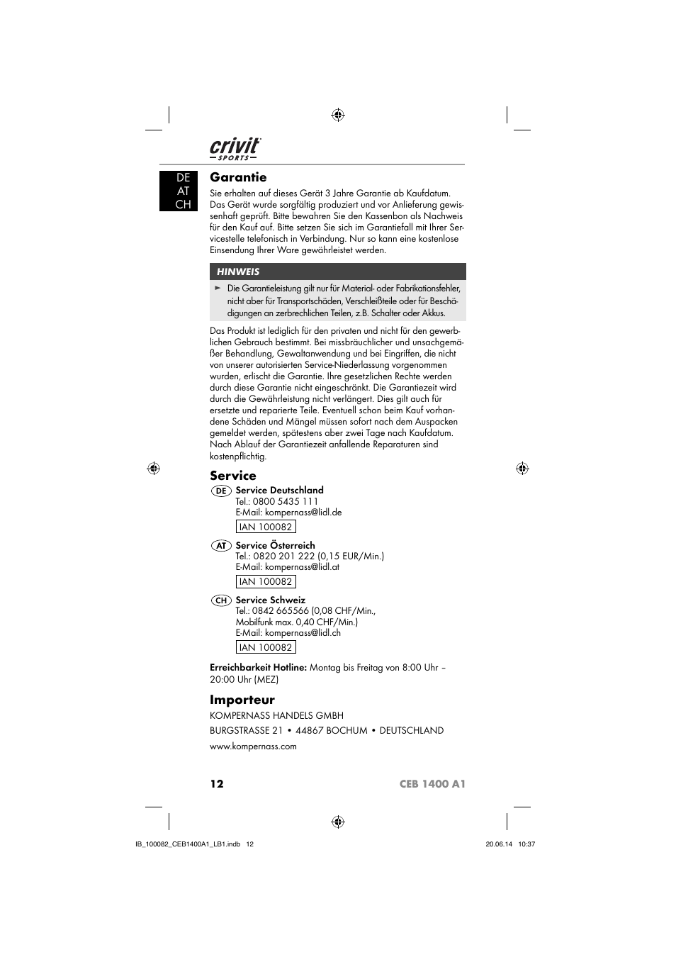 Garantie, Service, Importeur | De at ch | Crivit CEB 1400 A1 User Manual | Page 16 / 54