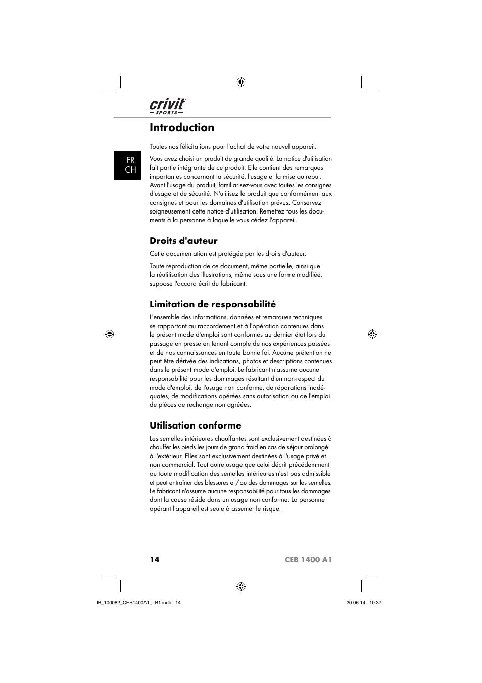 Introduction, Droits d'auteur, Limitation de responsabilité | Utilisation conforme, Fr ch | Crivit CEB 1400 A1 User Manual | Page 18 / 54