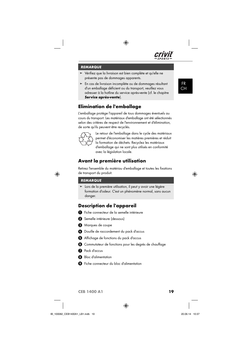 Elimination de l'emballage, Avant la première utilisation, Description de l'appareil | Fr ch | Crivit CEB 1400 A1 User Manual | Page 23 / 54