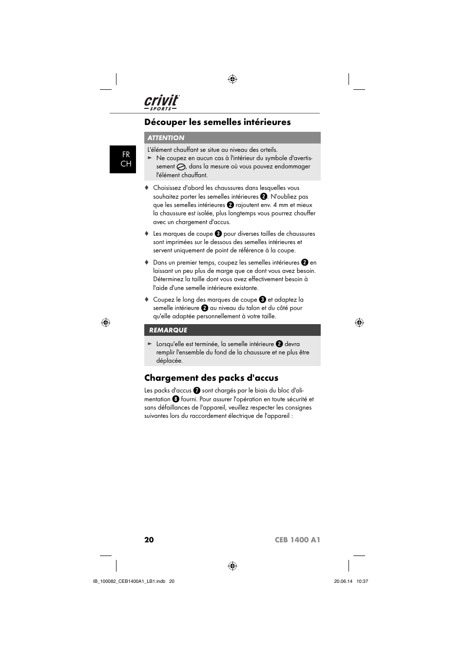 Découper les semelles intérieures, Chargement des packs d'accus, Fr ch | Crivit CEB 1400 A1 User Manual | Page 24 / 54