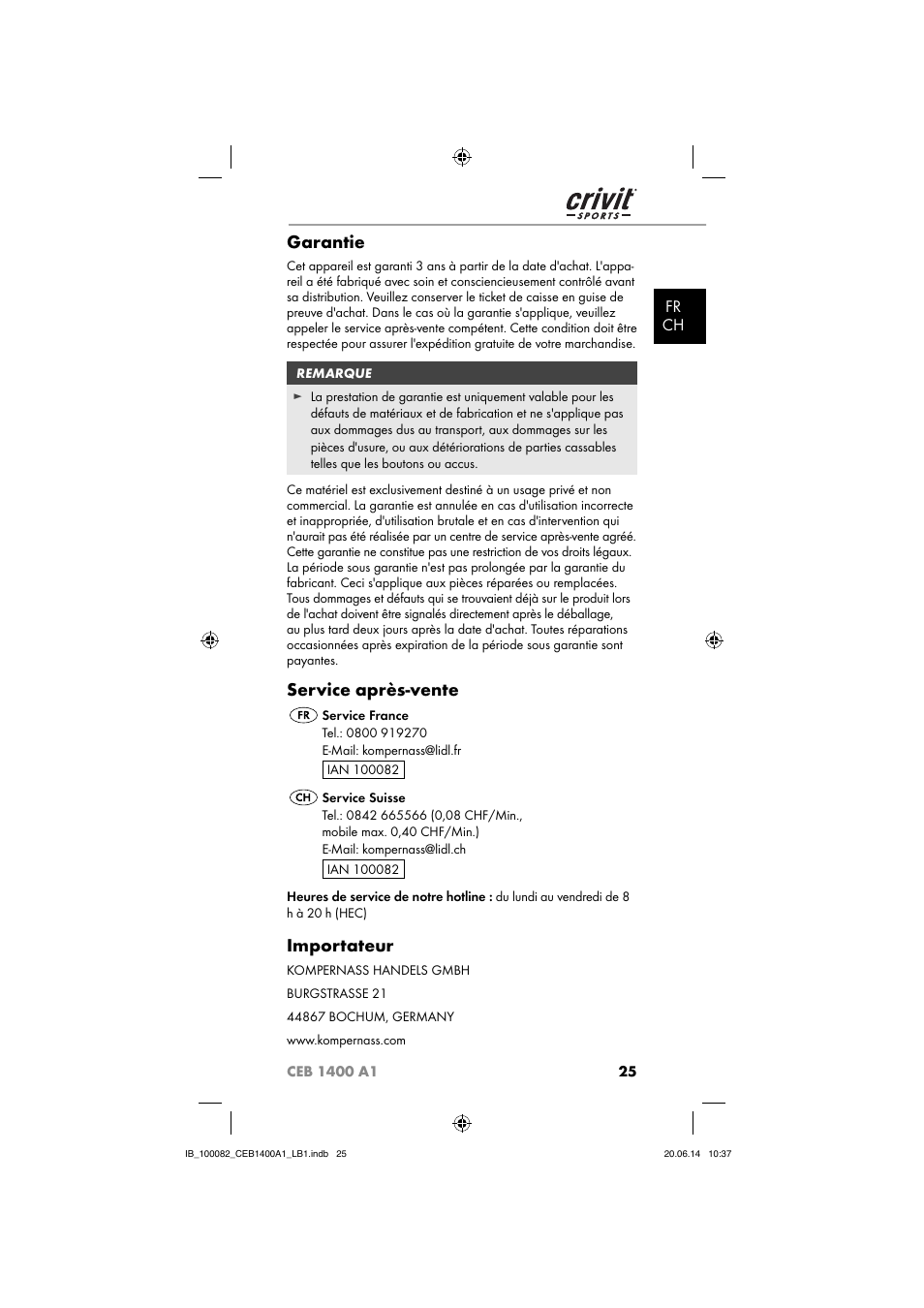 Garantie, Service après-vente, Importateur | Fr ch | Crivit CEB 1400 A1 User Manual | Page 29 / 54