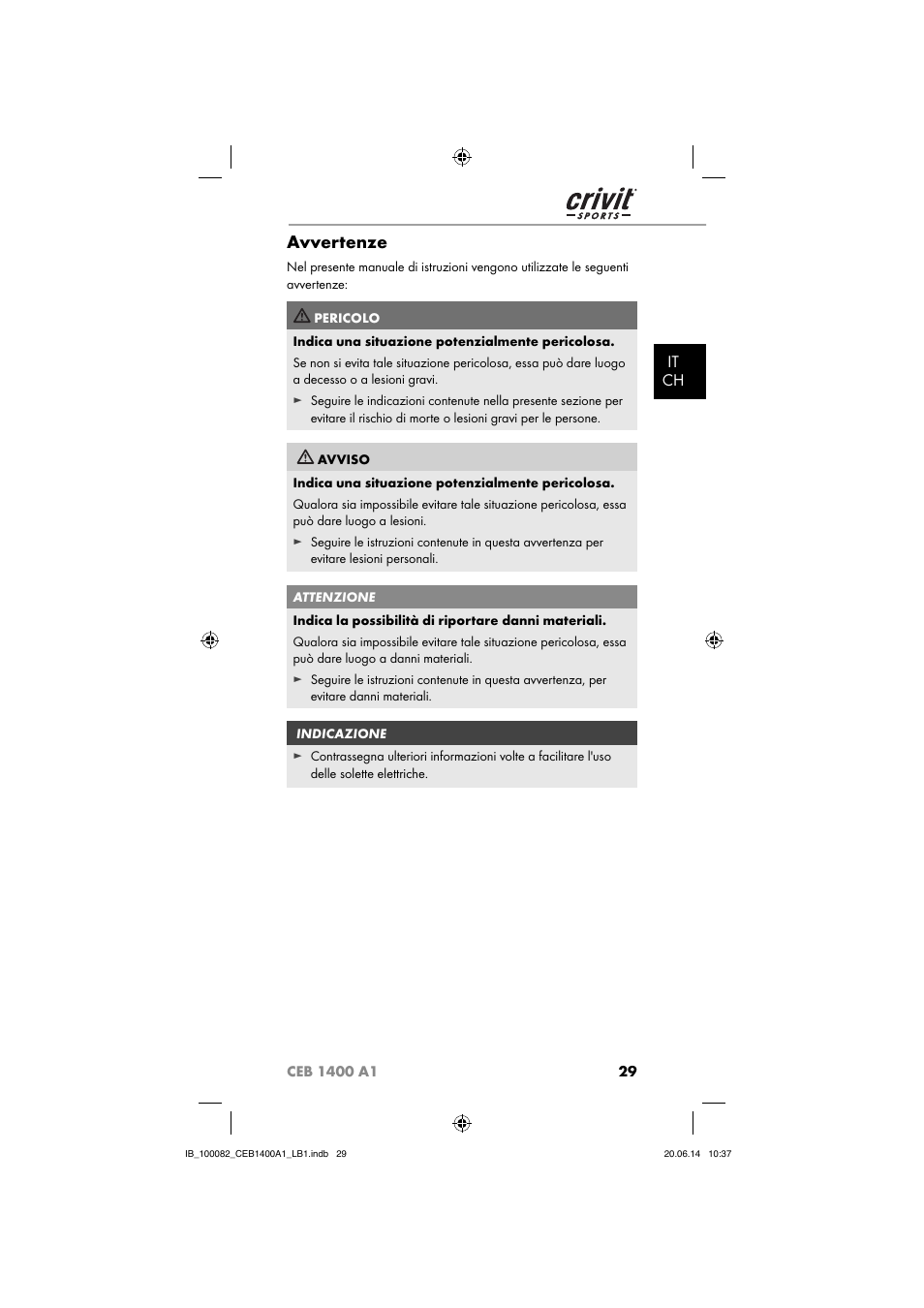 Avvertenze, It ch | Crivit CEB 1400 A1 User Manual | Page 33 / 54