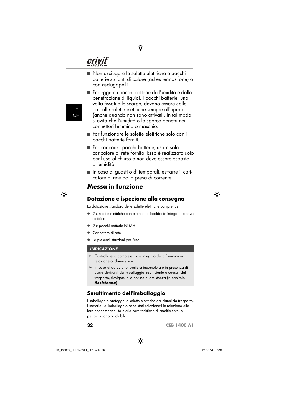 Messa in funzione, Dotazione e ispezione alla consegna, Smaltimento dell'imballaggio | It ch | Crivit CEB 1400 A1 User Manual | Page 36 / 54
