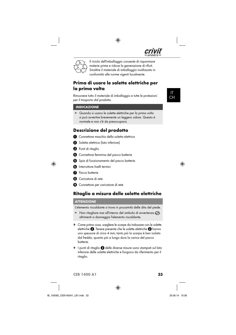 Descrizione del prodotto, Ritaglio a misura delle solette elettriche, It ch | Crivit CEB 1400 A1 User Manual | Page 37 / 54