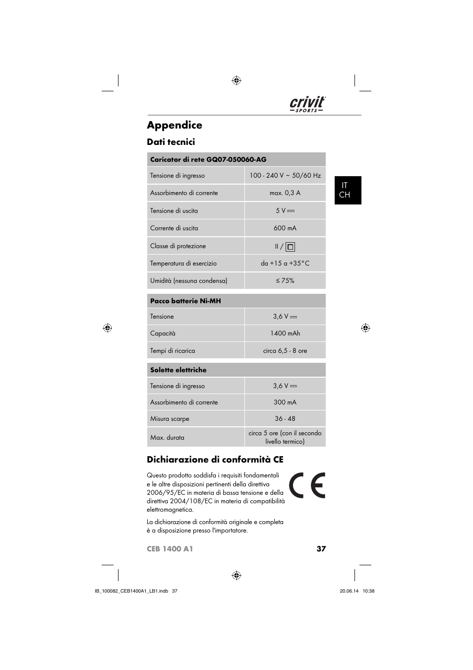 Appendice, Dati tecnici, Dichiarazione di conformità ce | It ch | Crivit CEB 1400 A1 User Manual | Page 41 / 54