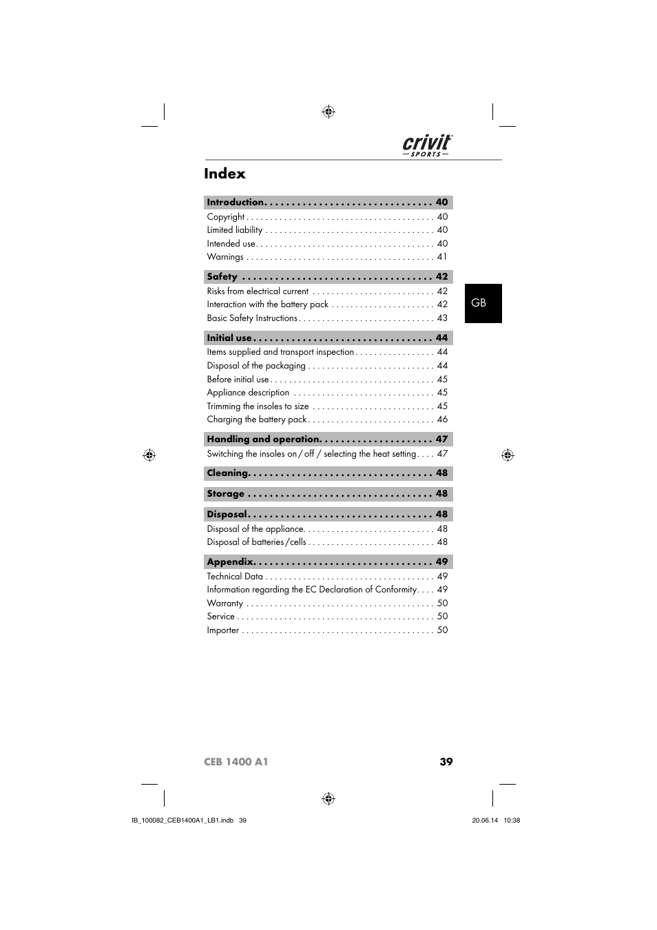 Index | Crivit CEB 1400 A1 User Manual | Page 43 / 54