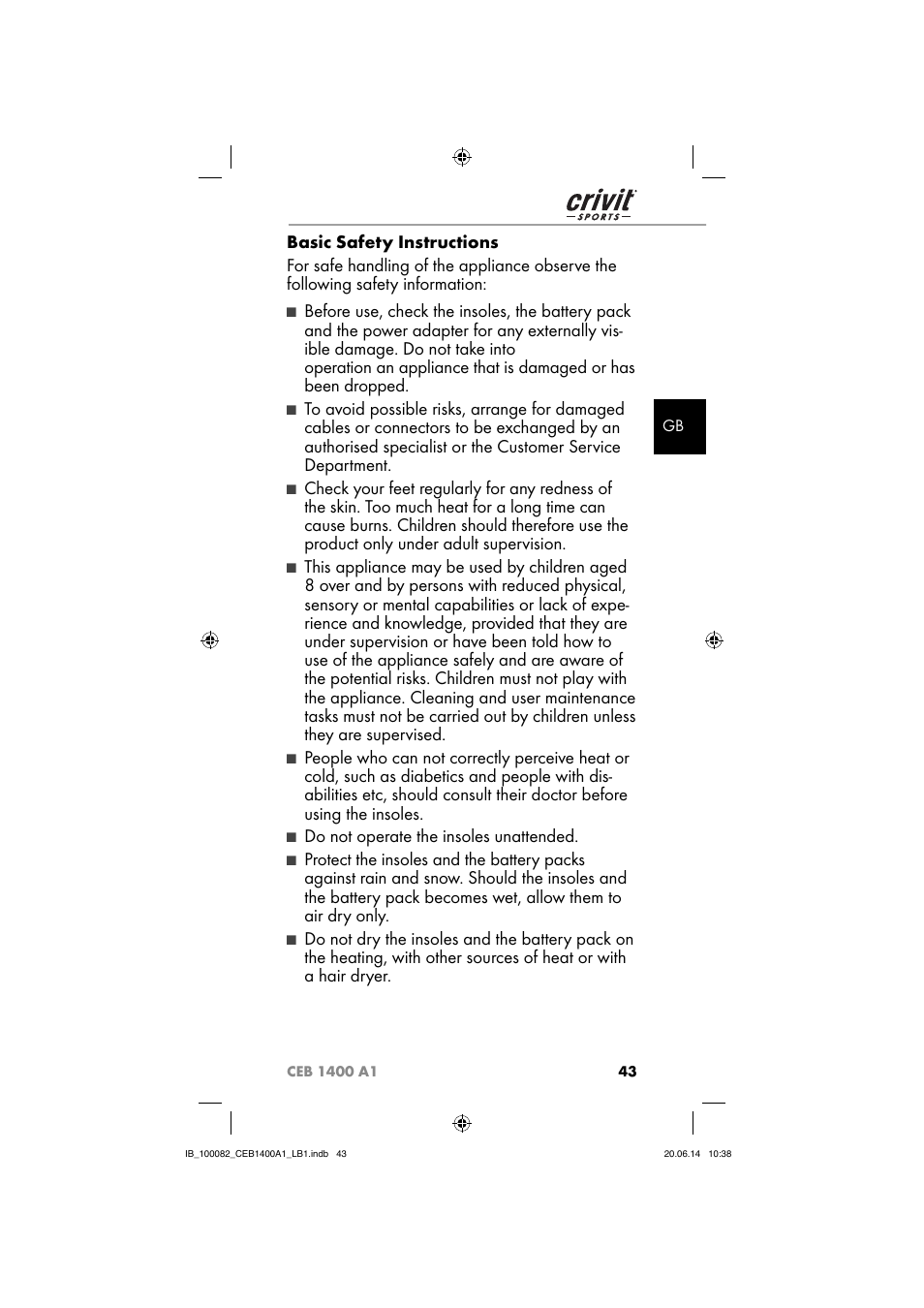 Do not operate the insoles unattended | Crivit CEB 1400 A1 User Manual | Page 47 / 54