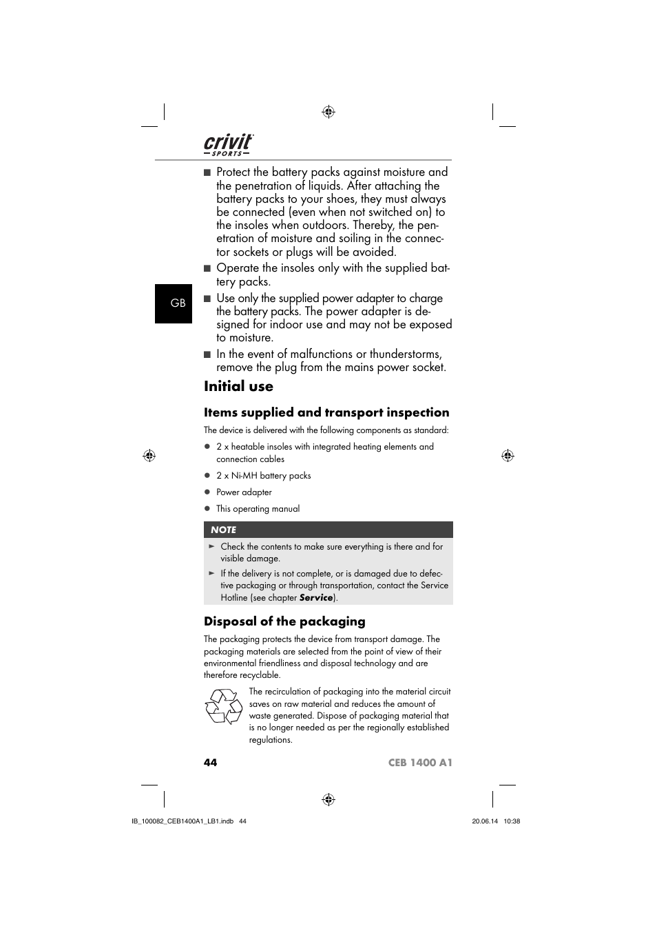 Initial use, Items supplied and transport inspection, Disposal of the packaging | Crivit CEB 1400 A1 User Manual | Page 48 / 54