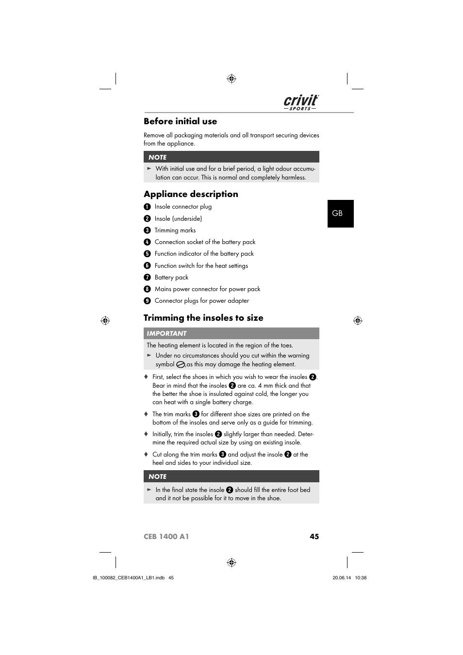 Before initial use, Appliance description, Trimming the insoles to size | Crivit CEB 1400 A1 User Manual | Page 49 / 54