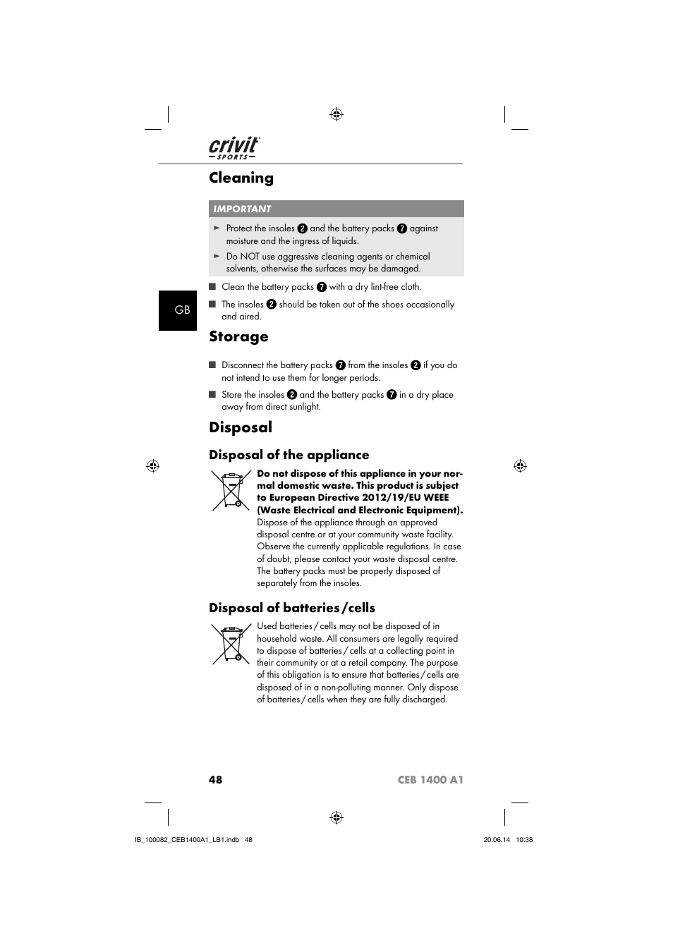 Cleaning, Storage, Disposal | Disposal of the appliance, Disposal of batteries /cells | Crivit CEB 1400 A1 User Manual | Page 52 / 54