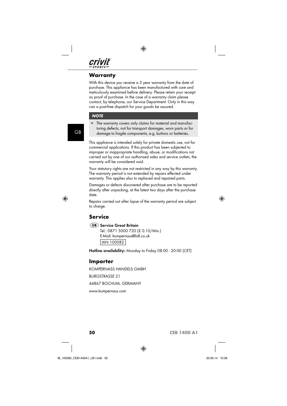 Warranty, Service, Importer | Crivit CEB 1400 A1 User Manual | Page 54 / 54