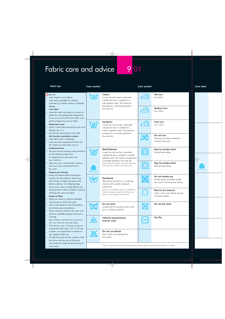 Fabric care and advice 9 01 | DYSON CRO2 User Manual | Page 16 / 24