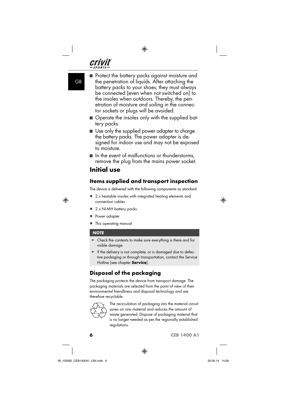 Initial use, Items supplied and transport inspection, Disposal of the packaging | Crivit CEB 1400 A1 User Manual | Page 10 / 80